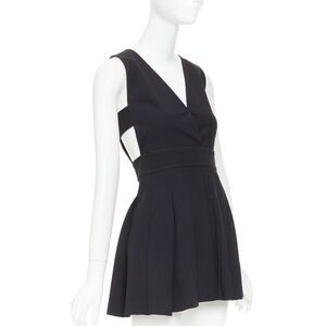 FAUSTO PUGLISI black crepe multi pleated cut out V neck mini dress IT38 XS